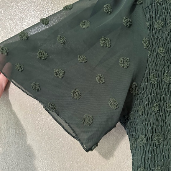 BTFBM Dark Green Mini Boho Smocked Floral Swiss Dot Short Sleeve Dress - Picture 2 of 6